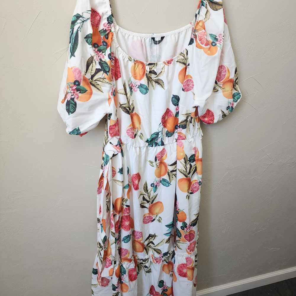 BloomChic White Floral Midi Dress with Orange and Pink Fruit Print